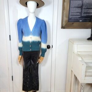 Veronica Beard Parula Dip Dye Ombre Cardigan Sweater 100% Cotton Blue Green M